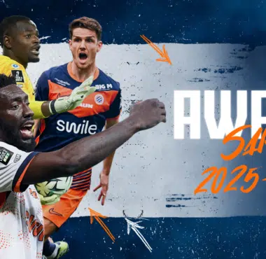 Hero banner for AllezPaillade with several players in orange/blue kits against a textured blue background; large white title text and orange 'SAISON 2023-2026' script, plus the site logo in the top-right.