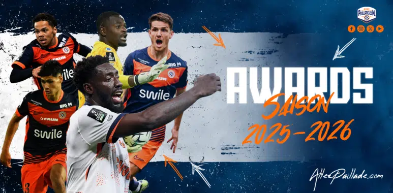 ap-awards-25-26 | AllezPaillade.com Hero banner for AllezPaillade with several players in orange/blue kits against a textured blue background; large white title text and orange 'SAISON 2023-2026' script, plus the site logo in the top-right.