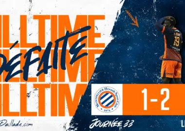 Final score graphic: Montpellier H&eacute;rault SC 1, Clermont Foot 63 2, with a bold orange-and-blue design and a player in orange kit.