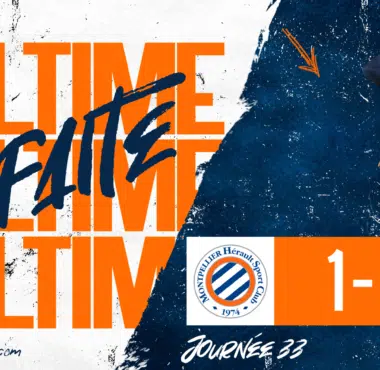 Final score graphic: Montpellier H&eacute;rault SC 1, Clermont Foot 63 2, with a bold orange-and-blue design and a player in orange kit.