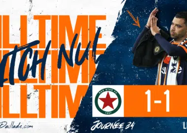 Fulltime banner: large orange 'FULLTIME' text with a player applauding on the right; final score 1-1 between Red Star FC and Montpellier H&eacute;rault SC, Ligue 2.