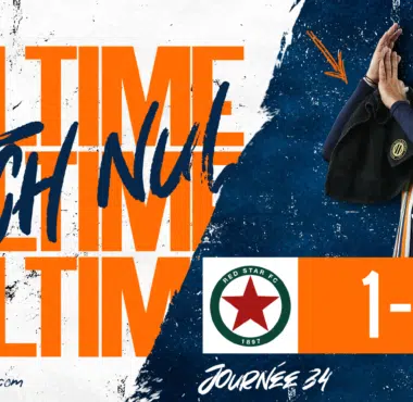 Fulltime banner: large orange 'FULLTIME' text with a player applauding on the right; final score 1-1 between Red Star FC and Montpellier H&eacute;rault SC, Ligue 2.