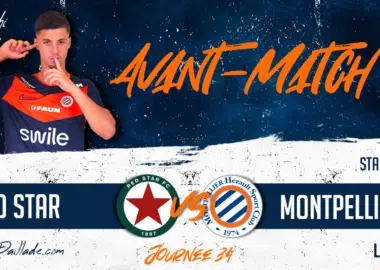 Promotional football match banner showing a player on the left with team logos at the bottom and match details on the right: Red Star vs Montpellier HSC, May 9 at 20:00.