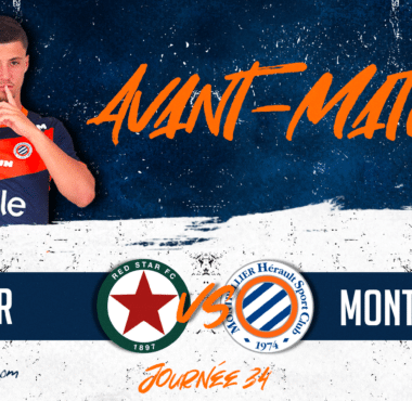 Promotional football match banner showing a player on the left with team logos at the bottom and match details on the right: Red Star vs Montpellier HSC, May 9 at 20:00.