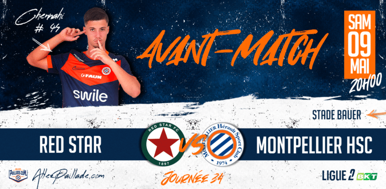 Promotional football match banner showing a player on the left with team logos at the bottom and match details on the right: Red Star vs Montpellier HSC, May 9 at 20:00.