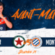 Promotional football match banner showing a player on the left with team logos at the bottom and match details on the right: Red Star vs Montpellier HSC, May 9 at 20:00.