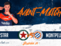 Promotional football match banner showing a player on the left with team logos at the bottom and match details on the right: Red Star vs Montpellier HSC, May 9 at 20:00.