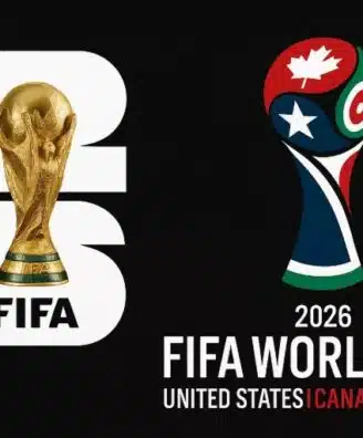 coupe du monde | AllezPaillade.com Left: oversized white '2026' with a gold FIFA World Cup trophy inside; right: 2026 FIFA World Cup branding with a colorful trophy ball and the text '2026 FIFA World Cup United States Canada Mexico'.