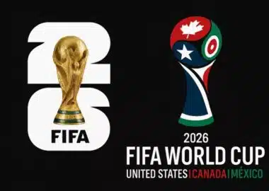 Left: oversized white '2026' with a gold FIFA World Cup trophy inside; right: 2026 FIFA World Cup branding with a colorful trophy ball and the text '2026 FIFA World Cup United States Canada Mexico'.