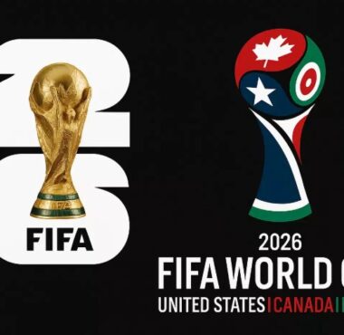 Left: oversized white '2026' with a gold FIFA World Cup trophy inside; right: 2026 FIFA World Cup branding with a colorful trophy ball and the text '2026 FIFA World Cup United States Canada Mexico'.