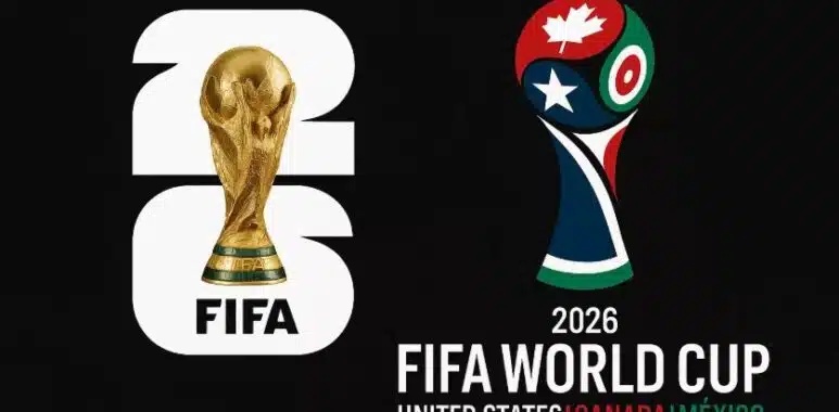 coupe du monde | AllezPaillade.com Left: oversized white '2026' with a gold FIFA World Cup trophy inside; right: 2026 FIFA World Cup branding with a colorful trophy ball and the text '2026 FIFA World Cup United States Canada Mexico'.