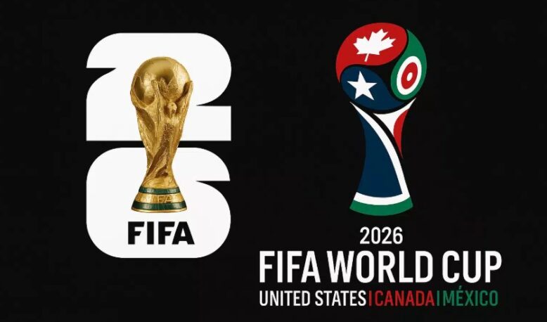 Left: oversized white '2026' with a gold FIFA World Cup trophy inside; right: 2026 FIFA World Cup branding with a colorful trophy ball and the text '2026 FIFA World Cup United States Canada Mexico'.