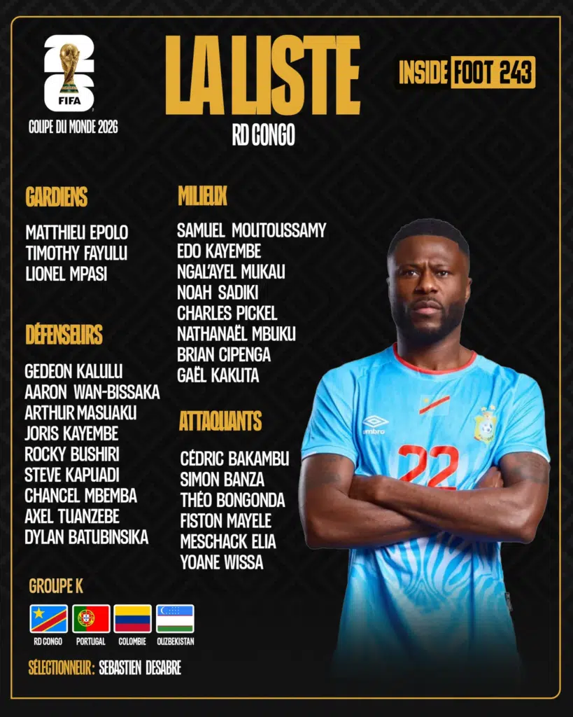 image | AllezPaillade.com Team roster poster for RD Congo’s 2026 World Cup squad with player names and national flags; image shows a player in blue on the right.