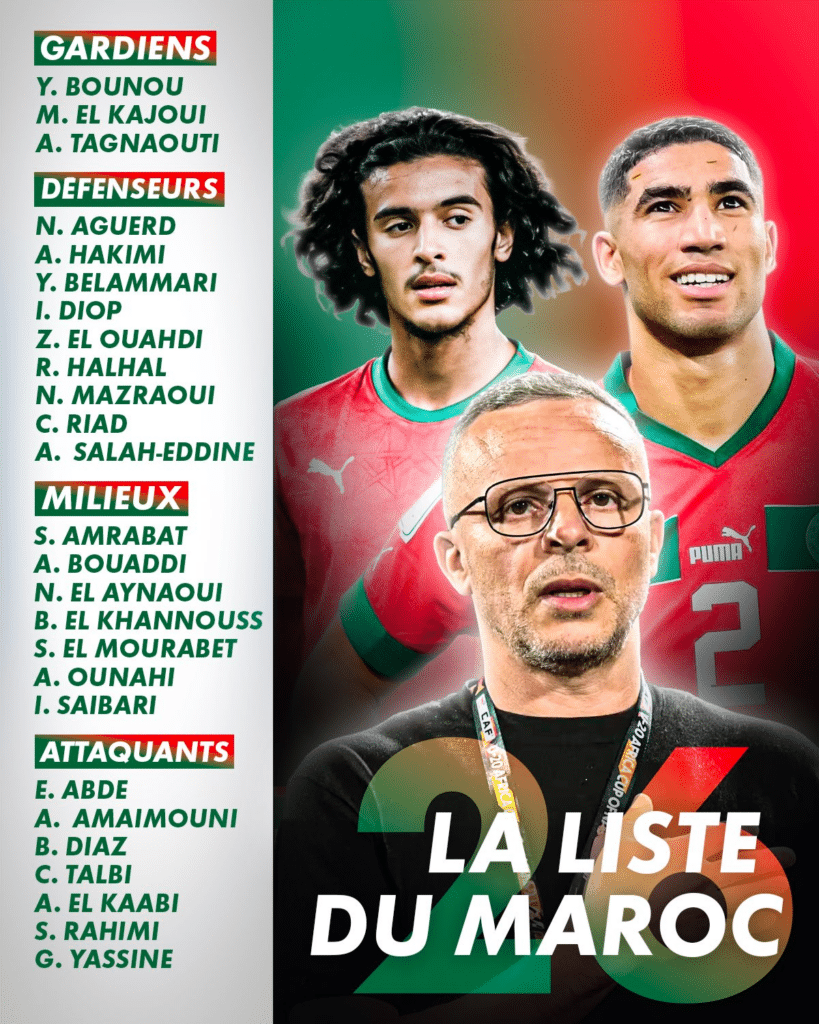 image | AllezPaillade.com Magazine cover-style poster featuring Moroccan football players with a left column of green-listed names and bold red-green headings, 'LA LISTE DU MAROC' on the right.