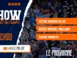 Promotional poster for a show with bold white letters, orange accents, and crowd background; includes date and schedule items on orange bars (Retro Saison 25-26, Quizz Special Paillade, 94&egrave;me Minute).