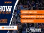 Promotional banner for a sports show with 'SHOW' and episode titles on orange torn-paper strips over a crowd background, plus a YouTube handle.