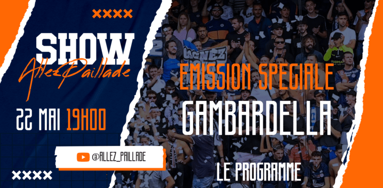 Promotional poster for a show: bold 'SHOW', orange accents, crowd photo, date 22 MAI 19H00, YouTube @ALLEZ_PAILLADE.