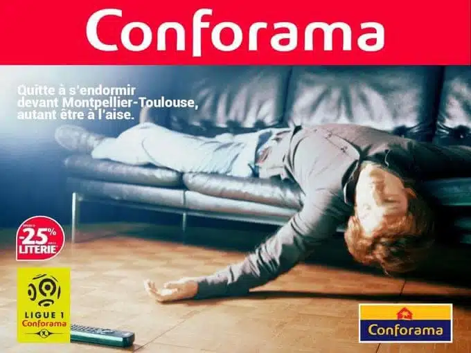 0bf58463-7abc-4720-8270-db1cb52d0084 | AllezPaillade.com Conforama advertisement: a man lying on the wooden floor in front of a sofa, red Conforama banner at top and promo logos.