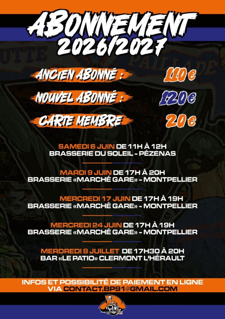 Bold event poster advertising Abonnement 2026/2027 with prices: Ancien Abonn&eacute; 110 &euro;, Nouvel Abonn&eacute; 120 &euro;, Carte Membre 20 &euro;, plus scheduled French venue dates and locations in white/orange text on dark background.