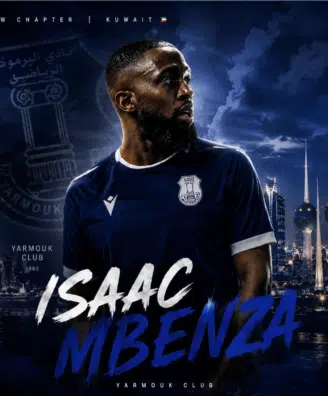 Promotional poster featuring footballer Isaac Mbenza in a navy kit with Kuwait skyline and club crest in the background.