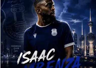 Promotional poster featuring footballer Isaac Mbenza in a navy kit with Kuwait skyline and club crest in the background.