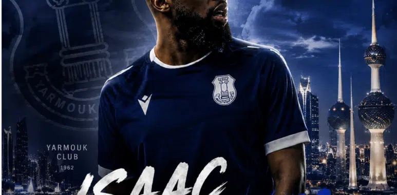 Promotional poster featuring footballer Isaac Mbenza in a navy kit with Kuwait skyline and club crest in the background.