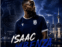 Promotional poster featuring footballer Isaac Mbenza in a navy kit with Kuwait skyline and club crest in the background.