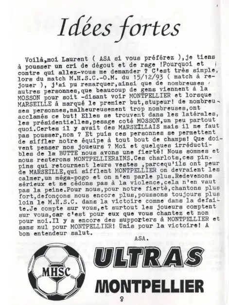 Capture décran 2026-06-27 223025 | AllezPaillade.com Newspaper page titled 'Idées fortes' with dense French text and MHSC Ultras Montpellier logo with a soccer ball at the bottom left.