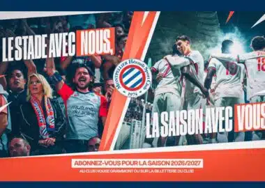 Season promotional banner with cheering fans, celebrating players, club crest, and the phrase 'La saison avec vous'.