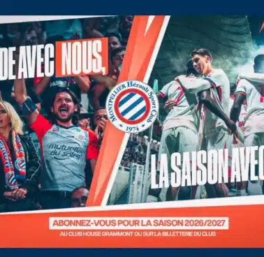 Season promotional banner with cheering fans, celebrating players, club crest, and the phrase 'La saison avec vous'.
