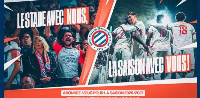 abonnements | AllezPaillade.com Season promotional banner with cheering fans, celebrating players, club crest, and the phrase 'La saison avec vous'.