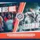 Season promotional banner with cheering fans, celebrating players, club crest, and the phrase 'La saison avec vous'.