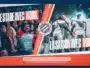 Season promotional banner with cheering fans, celebrating players, club crest, and the phrase 'La saison avec vous'.
