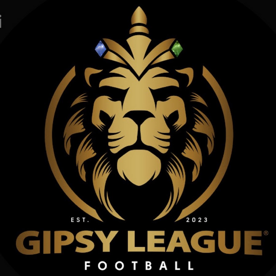 Gold lion head logo with a crown on a black background; reads 'GIPSY LEAGUE FOOTBALL' in gold lettering.