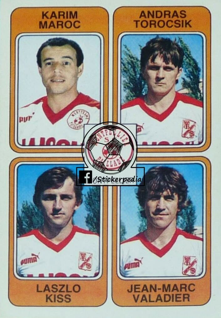Four vintage soccer trading cards arranged in a 2x2 grid, showing Karim Maroc, Andras Torocsik, Laszlo Kiss, and Jean-Marc Valadier in white jerseys with red trim.