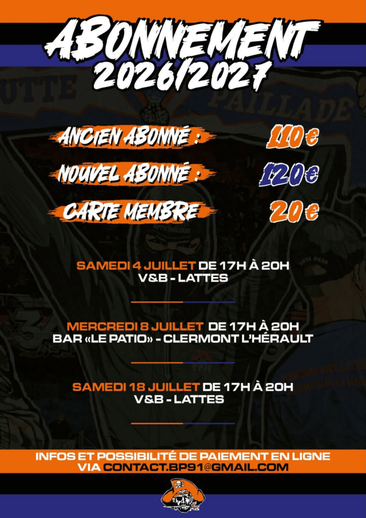 image | AllezPaillade.com Affiche Abonnement 2026/2027: tarifs 110€, 120€ et 20€; dates d’événements juillet à V&B Lattes et Clermont l’Hérault, infos paiement en ligne.