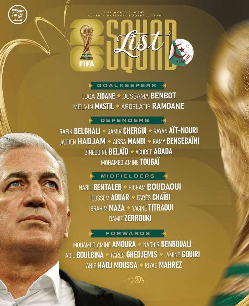 image | AllezPaillade.com Gold-toned poster listing Algeria's 2010 World Cup squad by position (goalkeepers, defenders, midfielders, forwards) with player names and a partial portrait.