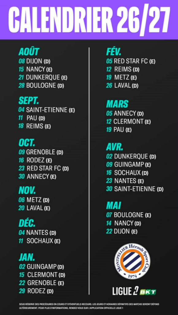 Two-column Ligue 2 26/27 fixtures calendar showing monthly match lists (Aug&ndash;Jan) with dates and home/away teams.