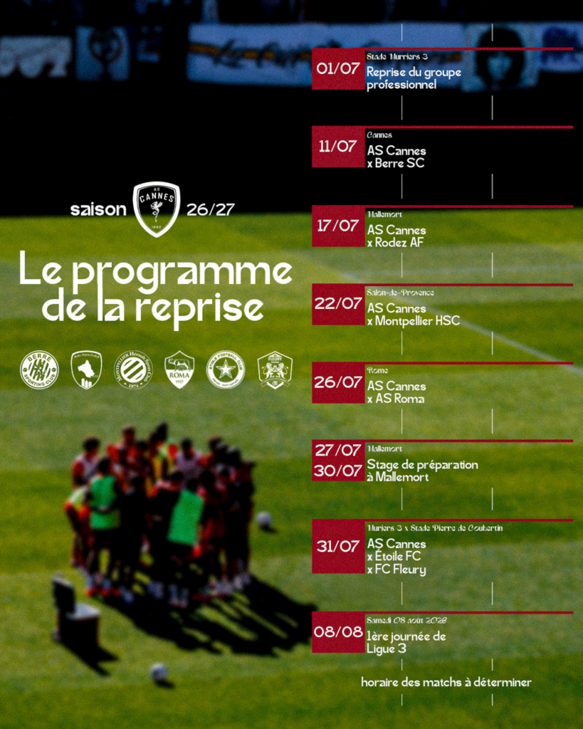 image | AllezPaillade.com AS Cannes preseason schedule timeline with dates in July and August and opponent clubs shown on a red date block overlayed on a football field background.