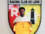 Young man in a white polo holds up a bright yellow jersey in front of the Racing Club de Lens crest.