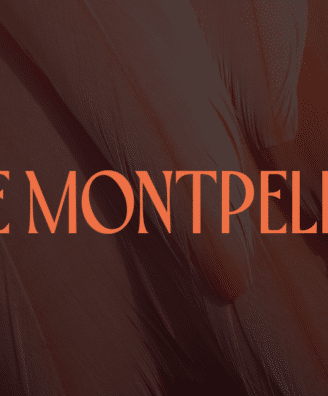 Banner with coral text 'WE ARE MONTPELLIER FC' over a dark red feathered background.