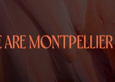 Montpellier FC | AllezPaillade.com Banner with coral text 'WE ARE MONTPELLIER FC' over a dark red feathered background.