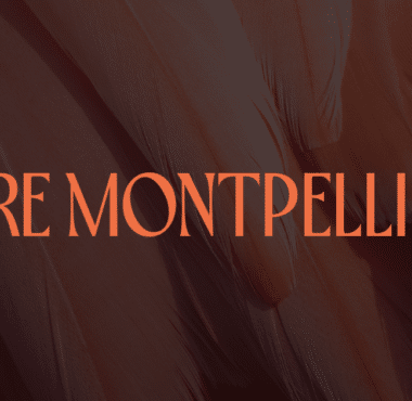 Banner with coral text 'WE ARE MONTPELLIER FC' over a dark red feathered background.