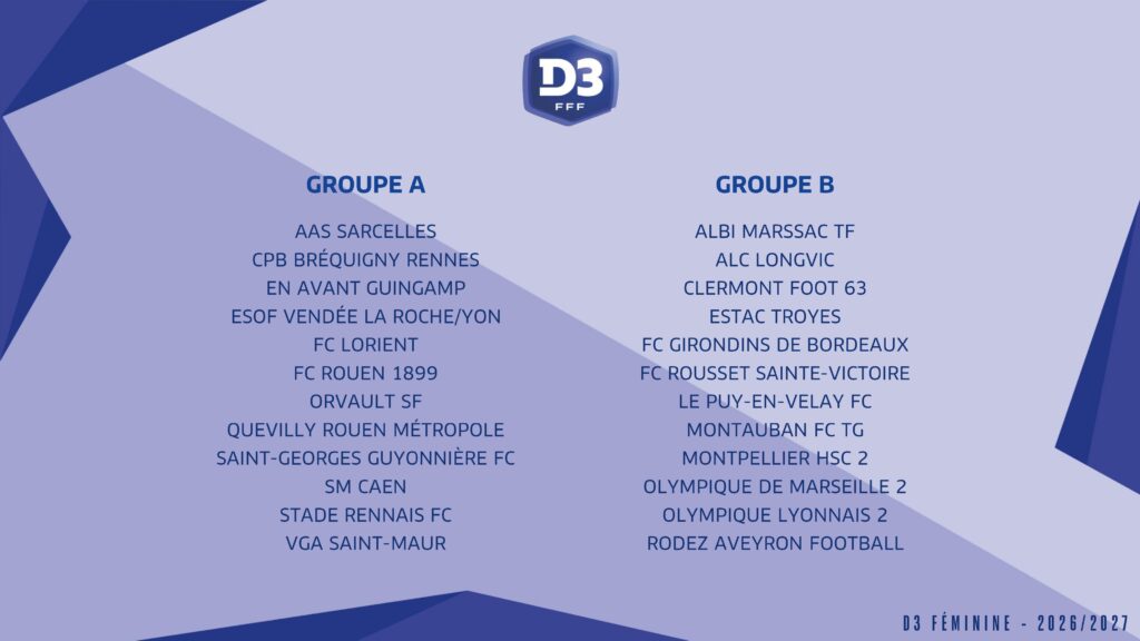 Poster listing Groupe A and Groupe B clubs for D3 F&eacute;minine 2026/2027 with a D3 logo at the top and two columns of team names.