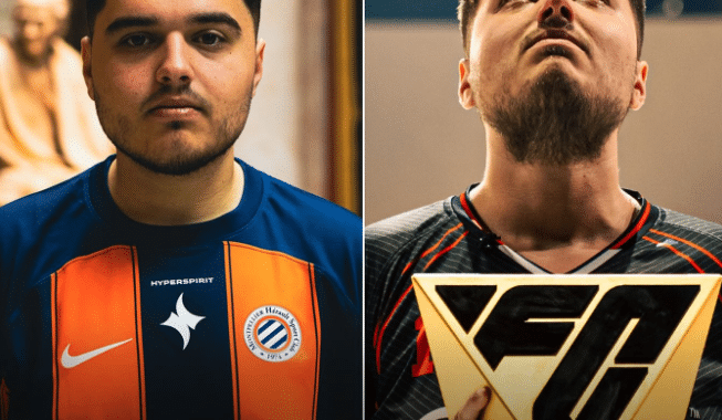 Capture décran 2026-07-29 123323 | AllezPaillade.com Two men side by side; left in an orange-and-navy jersey, right holding a gold triangular trophy, both looking forward.