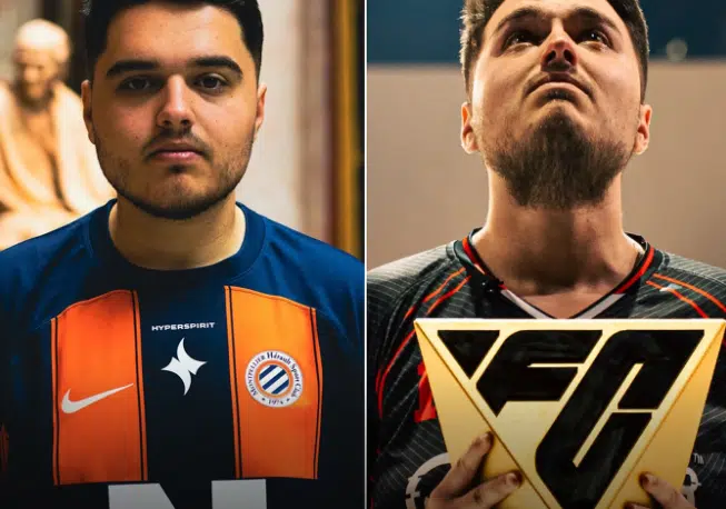 Two men side by side; left in an orange-and-navy jersey, right holding a gold triangular trophy, both looking forward.