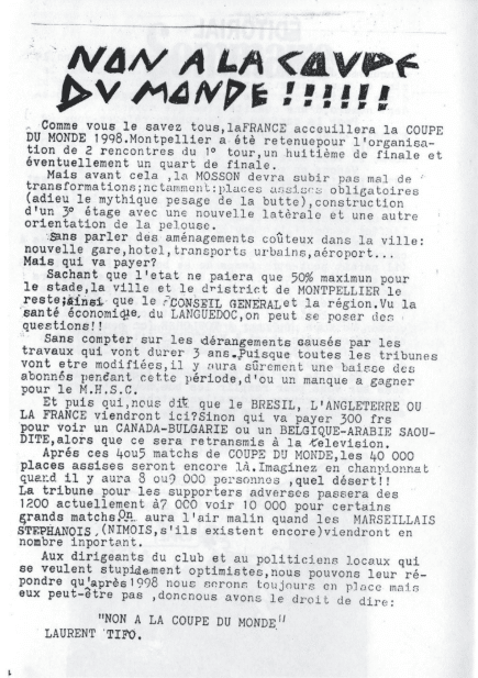 Capture décran 2026-07-30 184919 | AllezPaillade.com Photocopy of a black-and-white French protest flyer with a bold header reading 'NON A LA COUP DE MONDE !!!' and dense paragraphs arguing against a coup related to world events, mentioning Montpellier and other cities.
