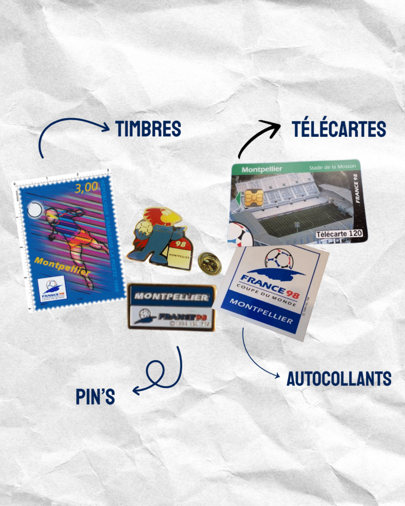 Copie de Copie de MHSC et musique | AllezPaillade.com Collage showing collectible items: stamps, telecards, pins, and stickers labeled TIMBRES, TÉLÉCARTEs, PIN'S and AUTOCOLLANTS in blue text on crumpled paper background.