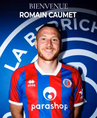 Welcome banner featuring Romain Caumet and a man in a red-and-blue striped soccer jersey against a blue backdrop, smiling.