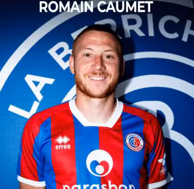 Welcome banner featuring Romain Caumet and a man in a red-and-blue striped soccer jersey against a blue backdrop, smiling.